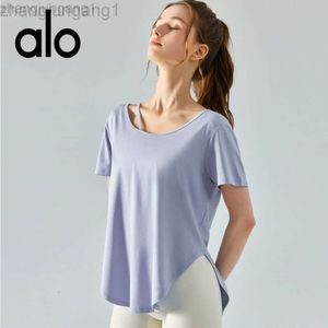 Desginer Als Yoga Aloe Top Shirt Clothe Short Woman Womens Short Sleeve Skincare Quick Drying Sports Top Loose Slim Breathable Fitness Suit Long Cover