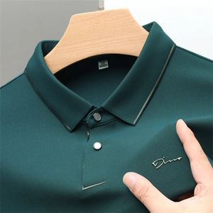 Marca de ponta gelo seda de seda longa letra de letra da moda impressa camisa pólo de outono tendência masculina lapela de camiseta casual 240430