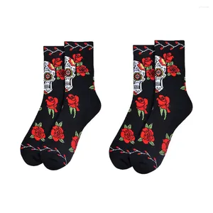 Women Socks 2 par/set Fashion Harajuku Skull Rose Crew Unisex Men Par Black Cotton Retro Boho Hip Street Gifts