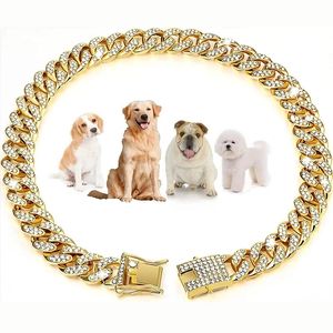 Personalized Dog Collars for Small Medium Large Dogs Cat Gold Chain Diamond Cuban Collar with Design Secure Buckle Pet Necklace 240511