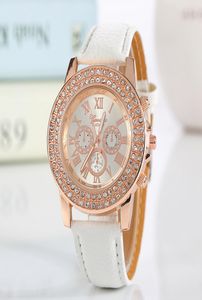 New Fashion Faux Leather Chronograph Roman Numeral Classic Geneva Quartz Ladies Watch Women Crystals Wristwatches Relogio Feminino2195107