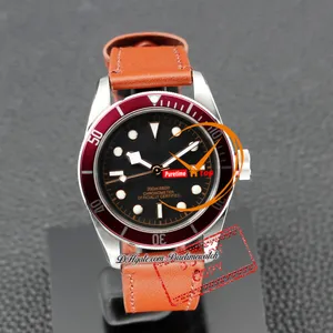M7941 A21J Automatisk herrklocka 41mm Red Bezel Steel Case Black Dial Gold White Markers Brown Leather Strap Sports Watches Reloj Hombre Montre Hommes Puretime Pttd