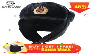 Sovjetisk armé militärmärke Ryssland Ushanka Bomber Hats Pilot Trapper Trooper Hat Winter Faux Rabbit pälsa öronfluft Män snö mössor D19019514344