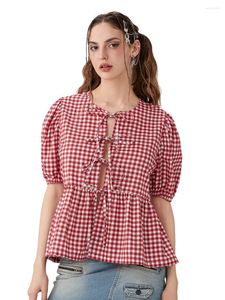 Women's Blouses Tie Front Tops For Women Plaid Print Peplum Babydoll Top Puff Sleeve Coquette Cute Summer Going Out