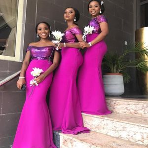 Fuchsia Black Girl Mermaid Bridesmaid Dresses Off The Shoulder Wedding Guest Dress Sequined Floor Length Plus Size Maid Of Honor Gowns 264w