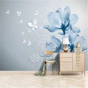 Papéis de parede Blue Flower 3d Tridimensional Parede de fundo europeu simples Europeu