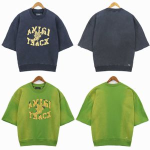 24S Trendy Brand Amri Micro Label broderad patch tvättad kortärmad hoodie mens och kvinnors höggata halvärmad