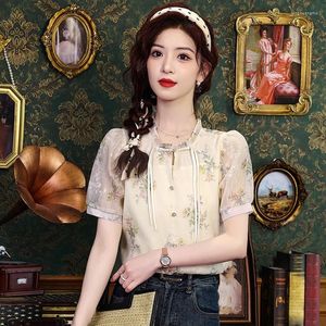 Blusas femininas Chiffon Chinese Chinese Shirt Summer Bordado vintage LONOS MANEIRAS CURTAS MULHERES TOPS Roupas de moda ycmyunyan