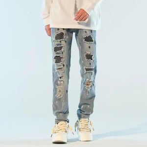 Y2K Fashion Crystal Slim Ripped Stacked Jeans Pants For Men Clothing Washed Blue Hip Hop Denim Trousers Ropa Hombre 240511