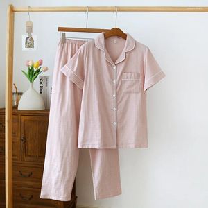 Women's Sleepwear Women Men Cotton Pajamas Spring Breathable Gauze Set Lovers Thin Short Sleeve Pants Home Suit Female Solid Homwear