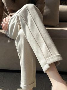 Women's Pants Elastic Waist Velvet Woolen Straight Leg Office Lady Autumn Thick Trousers Ankle-Length For Women