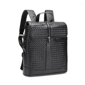Backpack Men's Braid Business Woven Large-capacity Laptop Male Split Leather School Bag Fashion Travel Rucksack