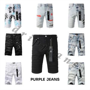 Mens designer rippade lila högkvalitativa hiphop -denim dropp jeans låg midja smala fit shorts