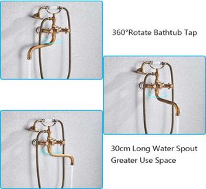 Antique Brass Bathtub Shower Faucets Set Dual Knobs Mixer Tap Wall Mounted Bath Swivel Tub Long Spout7379061