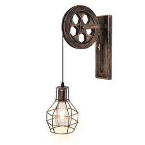 Wall Lamp Iron Lights Industrial Retro Loft Pulley 1 Light Cage Lampshade For Living Room Dining Bar Rust Colour