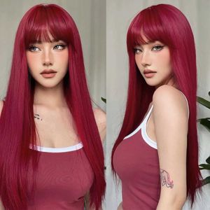 Wig Womens Wine Red Long Hair Straight bangs Chemical Fiber Full Head Set Daily Coswigs