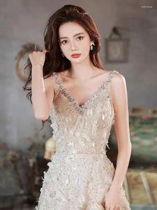 Abiti per feste di lusso Abiti da sera con scollo a V Shinestone Sleevelette Spaghetti Cinghia senza schienale Fashion Engagement Formal Banquet Vestido