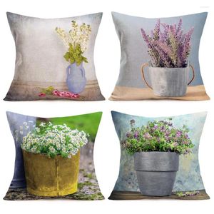 Lavendel Chrysantheme gedruckte Leinenkissenbezug -Sofa -Dekoration für Sie 40x40, Pillow -Topf -Pflanze -Lavendel -Lavendel -Lavendel.