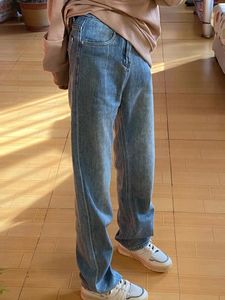 Kvinnors jeans vintage hög midja kvinnor grå blå koreansk mode streetwear bred ben jean kvinnlig denim byxor raka baggy byxor