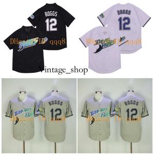 Vin 1999 Tampa Bay Devil Jersey #12 Wade Boggs Vintage Baseball Jerseys Pullover Mesh BP Black White Grey Jersey Top Quality 1