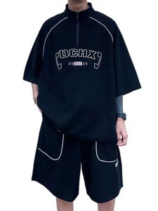 Herrspåriga våffla Casual Sports Suit Mens Korean Summer Hip Hop Trendy stilig kortärmad t-shirt Shorts High Street Y2K 2 Piece Q240501010