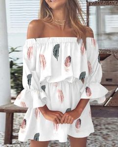 Casual Dresses Sweet Girl's Summer Temperament Pending Women's Fashion Clothes Feather Print Off Shoulder Bell Sleeve Dress