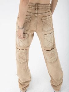 Kvinnors jeans breda ben byxor streetwear hip hop femme vintage tvättade raka fickor baggy hög midja khaki mamma byxor