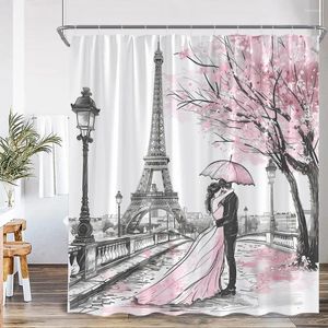 Shower Curtains Vintage Paris Tower Curtain City Park Pink Flower Tree Romantic Lovers Modern Art Polyester Fabric Bathroom Decor