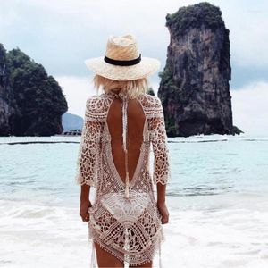 Sexy Knitted Hollow Out Beach Coperped Abito midi per donne Solid Sheer Mesh Tunic Tunic Ladies Outfits 2024 Summer Bikini Cover-Ups