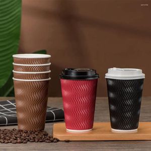 Disposable Cups Straws 16oz 50Pcs Insulated Corrugated Paper With Lids Thick Double-layer Cup Milk Tea Coffee Ripple Wall