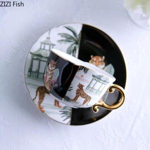 Mugs Watercolor Tiger And Leopard Ceramic Cups Gold-plated Coffee Cup Painted Afternoon Tea Teacup Milk Fruit Juice Container