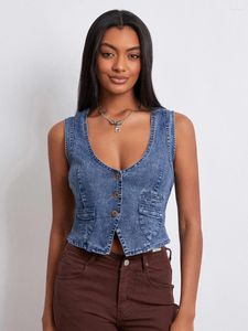 Kvinnors tankar Kvinnor Jean Vest Y2K -knapp ner denim Casual V Neck ärmlös Cropped Waistcoat Jacket som går ut Tank Top