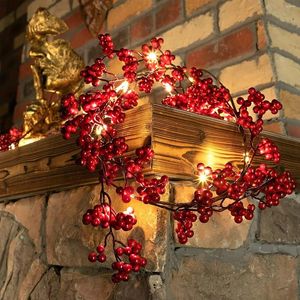 Dekorative Figuren 5,9ft/180 cm Weihnachten rote Berry Garland Optionale Beleuchtung Innenkunstkranz Dekoration für Jahr Urlaub