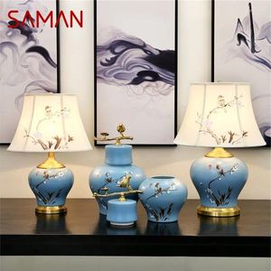 Настольные лампы Саман Керамическая синяя роскошная птица латун