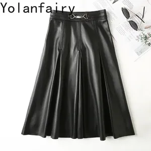 Skirts Genuine Sheepskin Leather Skirt For Womens Clothing A Line Korean Style High Waist Vintage Knee-length Women