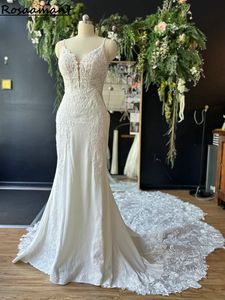 Real Image Deep V-Neck Backless Mermaid Wedding Dresses Spaghetti Straps Sleeveless Appliques Lace Boho Bridal Gowns