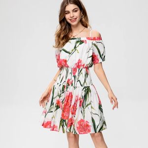 Women's Dresses Slash Neckline Short Sleeves Floral Printed Elastic Waist Fashion High Street Mini Vestidos