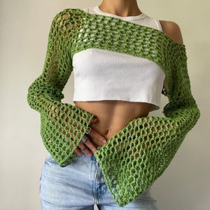 Women Mesh Crochet Crop Top Long Sleeve Hollow Out Cropped Knit Sweater Bikini Beach See Through Cover Ups 2405113