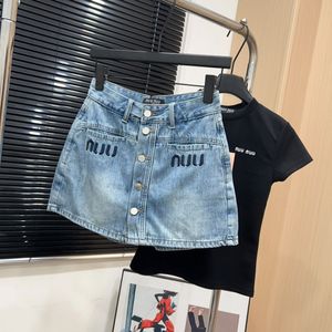 Woman clothe demin skirt two piece set Embroidered front and back letters shoulder length slim fit top Spicy girl breasted denim shorts skirt set Top One Size