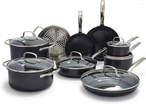 Полога устанавливает Greenpan-Prime Set Pots и сковороды Hard Anodized Healthy Ceramic Nonsplick 15 ПК