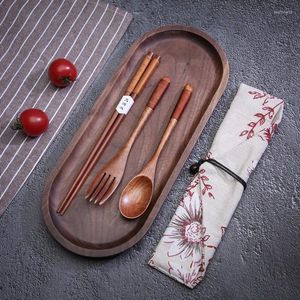 ディナーウェアセット3つのポータブル木材食器キッチン木製カトラリートラベルスーツ環境布パックギフトのセット