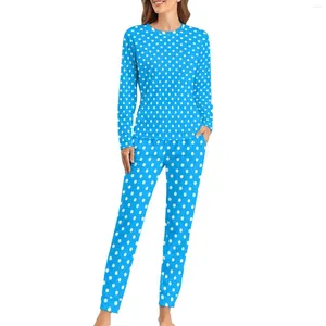 Women's Sleepwear Blue And White Polka Dot Pajamas Spots Print Cute Home Suit Lady Two Piece Sleep Oversize Design Birthday Present