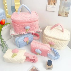 Storage Bags Ins Tulip Cosmetic Bag Portable Corduroy Makeup Zipper Large Capacity Box Creative Handheld Pouch Cute Toiletry Kit