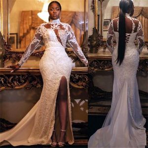Plus Size Mermaid Wedding Dresses Bridal Gown 2021 High Neck Long Sleeves Applique Embroidery Side Split Illusion Corset Back Tulle Sat 299L