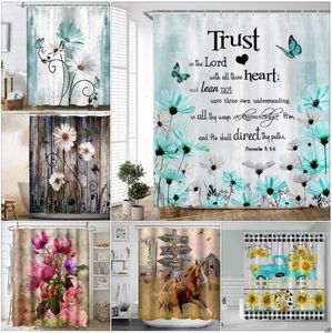 Shower Curtains Wood Paneled Flower Curtain Vintage Farm Cart Sunflower Butterfly Lavender Geometric Bible Bathroom Decoration