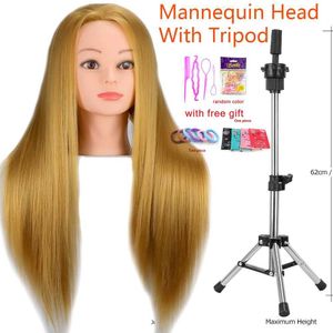 Mannequin Heads 100% synthetic hairdresser training head with tripod human model makeup doll used for weaving and styling Q240510