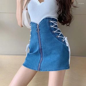 SKIRTS MULHERM Clubwear Sexy Warp Slim Vintage Designer Plus Tamanho Lápis Denim Feminino Lace Up High Waist Jean Zipper Mini