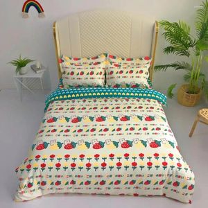 Conjuntos de roupas de cama 4 peças Urso conjunto de desenhos animados Tampa de edredão 3D Print Strawberry Bed Quilt para quarto em casa com folha
