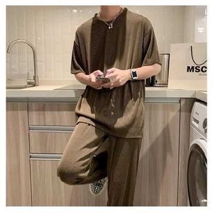 Men's Tracksuits Summer ice casual sportswear mens trend fashionable T-shirt Korean dress short sleeved+mens set Q2405010