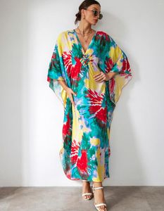 Sıradan derin v yaka gevşek bikini maxi elbise yaz Kaftan Rayon Kadın Robe Elbise Boho Plajı Baskılı Pamuk Örtüsleri